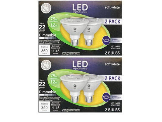 (4 bulbs) GE 96924 PAR30 short neck LED 12 Watt (75 watt equivalent) 850 Lumen, Dimmable Indoor Floodlight with Medium Base, Soft White Light Bulb